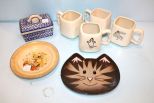 Four Mugs, Vintage Walt Disney Three Little Pigs Plate, Cat Face Plate, Rectangular Covered Jar