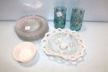 Eight Glass Plates, Milk Glass Candlestick, Two Painted Glasses, Fruit Bowl