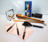 International Carving Set, Wood Spoon, Shoe Horn, Back Scratcher, Knives, Plug Adapter, Salad Set