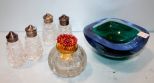 Art Glass Ashtray, Glass Match Holders, and Salt & Pepper Shakers