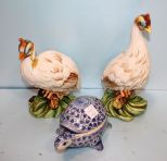 Handpainted Hens & Blue White Turtle Candy Dish