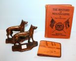 History of Mississippi, Leather Tooled Vintage Wallet & Pair of Dog Bookends