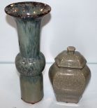 Green Pottery Vase & Covered Jar