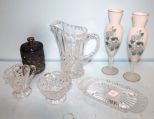 Two Frosted/Painted Vases, Covered Imperial Glass Sugar, Pitcher, Press Glass Vases