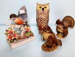 Porcelain Hummingbird, Two Ruffled Grouse, Wood Owl