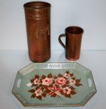 Handpainted Tray, Brass Umbrella Stand & Brass Vase