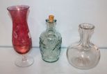 Vintage Cranberry Vase, Decanter & Green Bottle with Fruit/Stopper