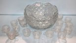 Press Glass Punch Bowl & Sixteen Various Punch Cups