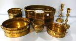 Copper/Brass Pail with Porcelain Handle, Four Various Size Brass Pots & Candlesticks