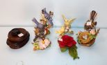 Group of Four Porcelain Figurine Birds, Porcelain Rose & Stands