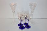 Set of Four Cobalt Base Wine Glasses & Two Tall Etched Champagne Glasses