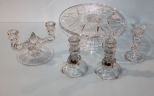 Glass Cake Stand & Four Various Candlesticks