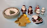 Six Christmas Plates, Shakers, Goebel Santa & Tree Dish