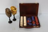 Two Decorative Turtle Shells on Stand & Poker Chips in Box