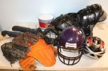 Football Helmet, Shoulder Pads & Drum Major Hat and Grouping of Vintage Baseball Equipment & Bike Helmet