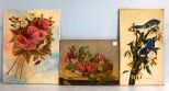 Three Various Size Oil Paintings of Flowers and Birds