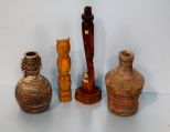 Two Pottery Vases & Two Wood Indian Statues
