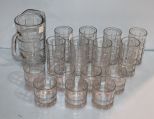 Clear Paneled Pitcher & Eighteen Glasses