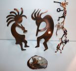 Three Metal Kokopelli Wall Decorations & Wood Indian Plaque