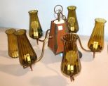 Wood and Metal Five Arm Light with Green Glass