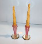Pair of Pink with Mirrored Base Candlesticks