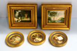 Three Small Round Victorian Pictures & Two Small Stillife Pictures