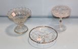 Two Pressed Glass Compotes and Etched Silver Trim Dish