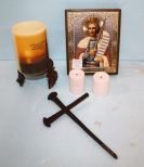 Electric Religious Candle on Stand, Two Electric Candles, Reproduction Russian Icon