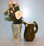 Ceramic Pitcher with Hound Handle, Hand Painted Ceramic Vase with Roses