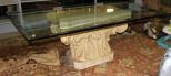 Large Glass Top, Bevelled Glass Dining Table with Faux Marble Plaster Base