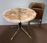 Round Painted Metal Table & Two Folding Chairs