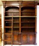 Two Section Lighted Mahogany Bookcase with Brass Bar for Library Steps