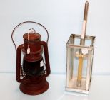 Old Red Ruby Globe Kerosene Caboose Lantern & Lantern Style Candlestick