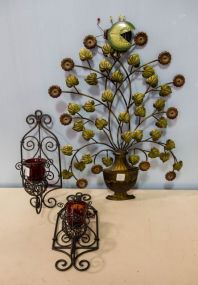 Painted Tin Wall Decoration and Pair of Wall Sconce Candleholders