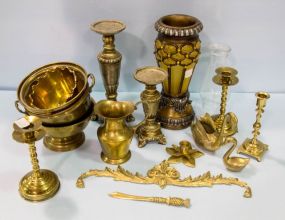 Small Brass Planters, Letter Opener, Candlesticks, Duck, Pitcher, and Three Decorative Candleholders