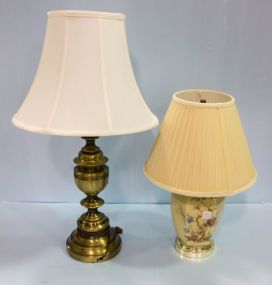 Brass Table Lamp and Painted Porcelain Lamp