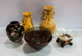 Two Clay Jars, Bowls, and Black Oriental Vase