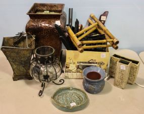 Box of Easels, Two Tin Vases, Candleholder, Pottery Pieces