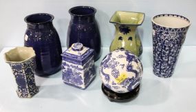 Two Blue Pottery Vases, Large Porcelain Ball on Stand, Ginger Jar, and Three Porcelain Vases