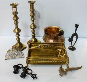 Brass Candlesticks, Divided Brass Tray, Two Small Copper Bowls, Silverplate Napkin Holder, and Small Iron Candleholders