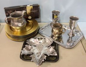 Four Piece Silverplate Hostess Set, Gold Chjarges, Small Silverplate Tray, Pewter Pitcher, Leaf Tray, Two Goblets, Tin Tray