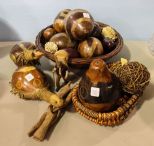 Basket with Painted Gourds and Two Leather Animal Bottles