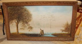 Large Oil Painting of Swamp in Vintage Frame