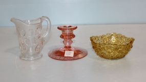 Daisy and Button Amber Nut Dish, Pink Depression Glass Candlestick, Press Glass Creamer