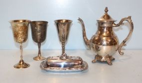 Three Silverplate Goblets, Butter Dish, Silverplate Rogers Tea Pot
