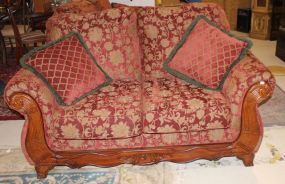 Contemporary Carved Settee Covered in Velvet Damask with Two Pillows