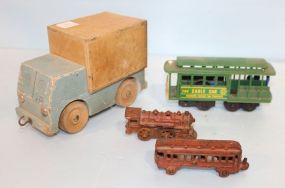 Plastic 504 Cable Car Toy, Vintage Wood Toy Truck, Small Vintage Iron Locomotive and Caboose