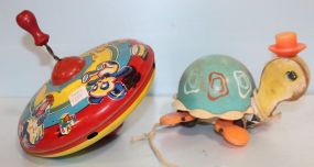 Vintage Spin Top Toy, Turtle Pull Toy