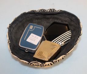 Vintage Ronson Lighter, Two Vintage Deco Small Compacts, Beaded Basket