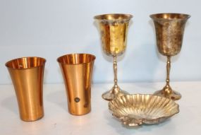 Two Silverplate Goblets, Two Copper Tumblers, Silverplate Nut Dish